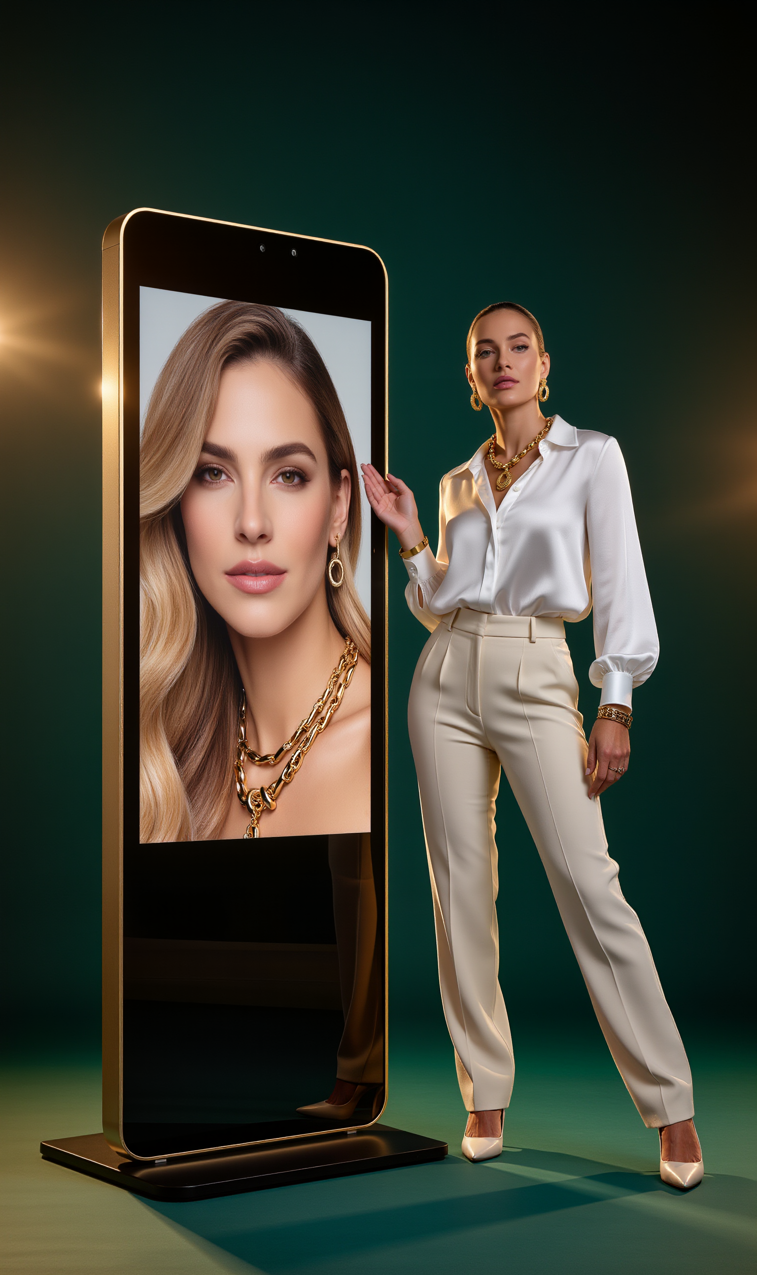 Gold-framed digital display kiosk next to model on teal background