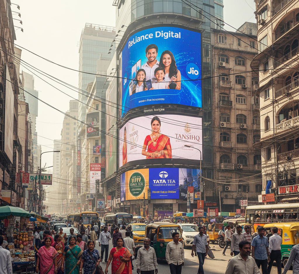 Multiple large-format P4 Outdoor LED screens installed on a high-rise building facade overlooking a busy, congested Indian city intersection with auto-rickshaws, buses, and high traffic.