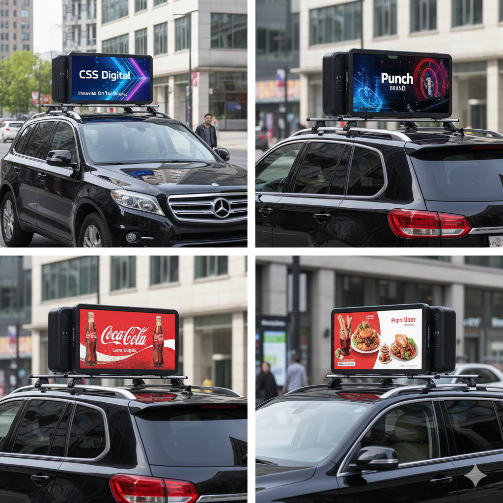 A high-resolution P3 car-top LED screen for taxis, shown from four angles on a vehicle, displaying clear digital advertisements to travellers.