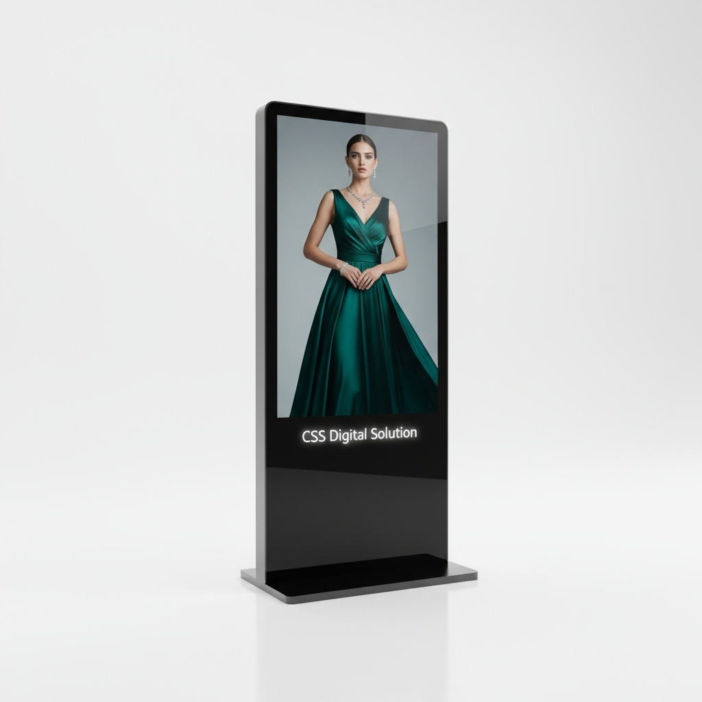 A sleek, black vertical LCD digital tower standee displaying a high-resolution advertisement for u0022CSS Digital Solutionu0022 featuring a model.