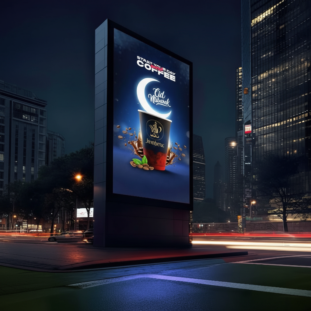 A vibrant outdoor P3 LED screen billboard displaying a coffee advertisement at night, illuminating a busy city street with sharp visuals.